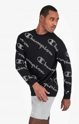 Felpe Uomo Champion All-Over A Strisce Effect Script Logo Print Sweatshirt Nere | 2437-ZJQBN