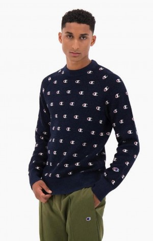 Felpe Uomo Champion C Logo Jacquard PiquÈ Sweatshirt Blu Scuro | 9065-PSQYI