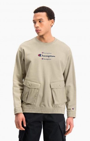 Felpe Uomo Champion Triple Script Logo Cargo Pocket Sweatshirt Beige | 1539-PLXKF