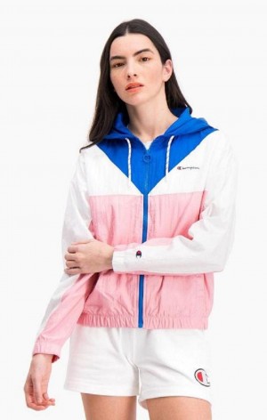 Giacche Donna Champion Colour Block Con Cappuccio Pista Jacket Bianche Rosa | 5270-UOEQH