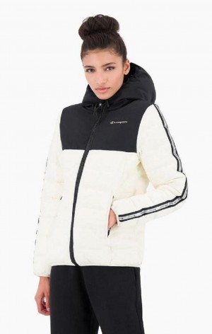 Giacche Donna Champion Reflective Logo Imbottito Con Cappuccio Jacket Bianche Nere | 9681-GFQRN