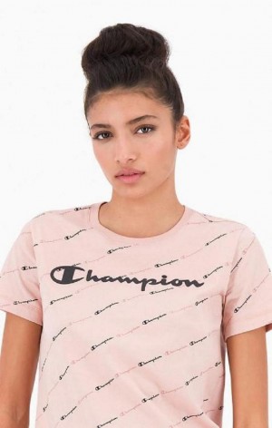 Magliette Donna Champion All-Over Script Logo T-Shirt Rosa | 6293-MPLIY