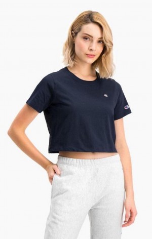 Magliette Donna Champion C Logo Crew Neck Cropped T-Shirt Blu Scuro | 9741-KFDTW