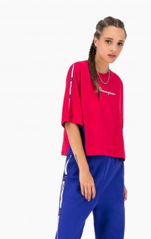 Magliette Donna Champion Colour Block Jacquard Logo Tape T-Shirt Rosse | 6847-NQZDY