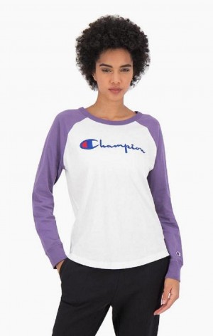 Magliette Donna Champion Raglan Sleeve Script Logo Baseball Top Bianche Viola | 1675-ANDRK