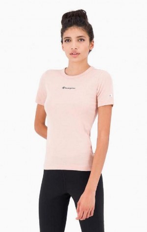 Magliette Donna Champion Script Logo Costine Cotone T-Shirt Rosa | 3029-JDPVG