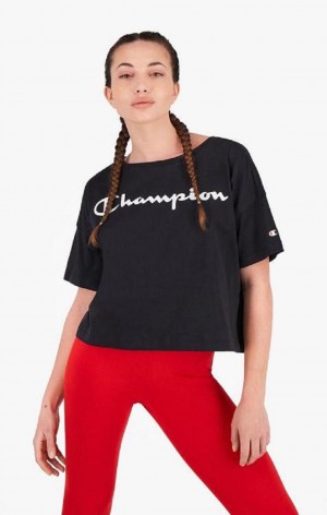 Magliette Donna Champion Script Logo Cropped T-Shirt Nere | 3910-EMZHA