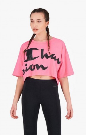 Magliette Donna Champion Script Logo Cropped T-Shirt Fucsia | 8432-YRTGU