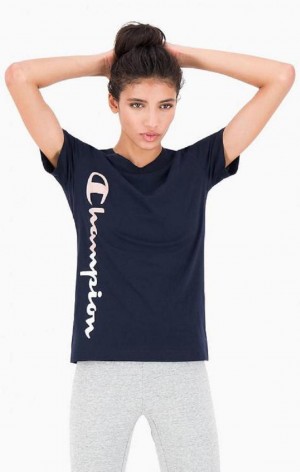 Magliette Donna Champion Vertical Logo Jersey T-Shirt Blu Scuro | 9287-VYZBO