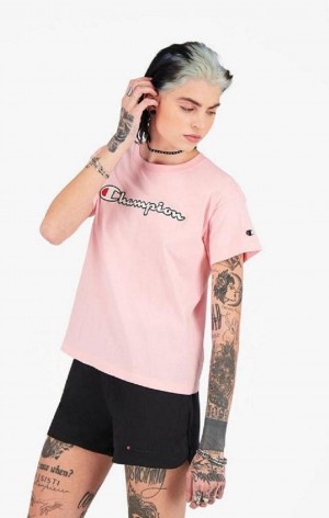 Magliette Donna Champion Vintage Script Logo Crew Neck T-Shirt Rosa | 2470-TALMC