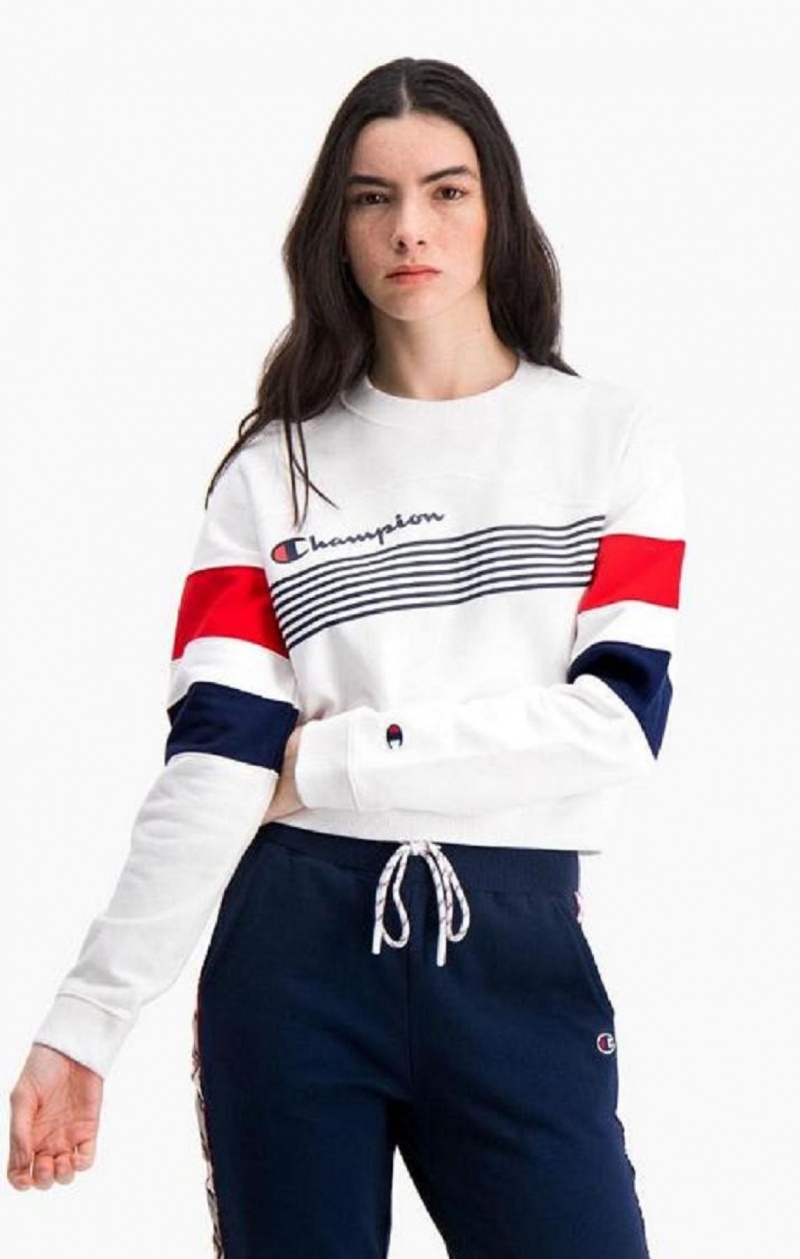 Felpe Donna Champion Grafica Stripe And Colour Block Cropped Sweatshirt Bianche | 9742-KMWPA