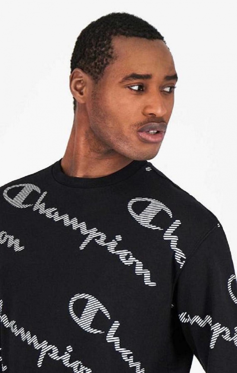 Felpe Uomo Champion All-Over A Strisce Effect Script Logo Print Sweatshirt Nere | 2437-ZJQBN