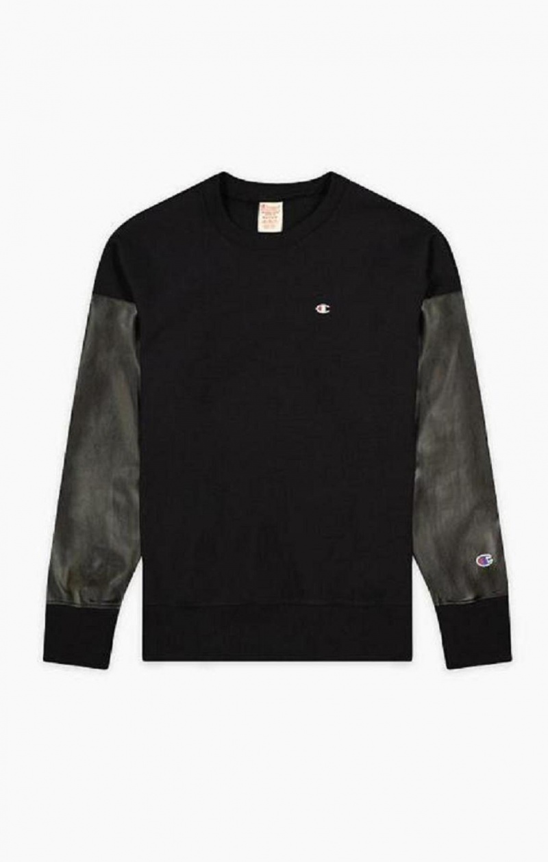 Felpe Uomo Champion Faux Pelle Panel Reverse Weave Sweatshirt Nere | 0325-LRQVB