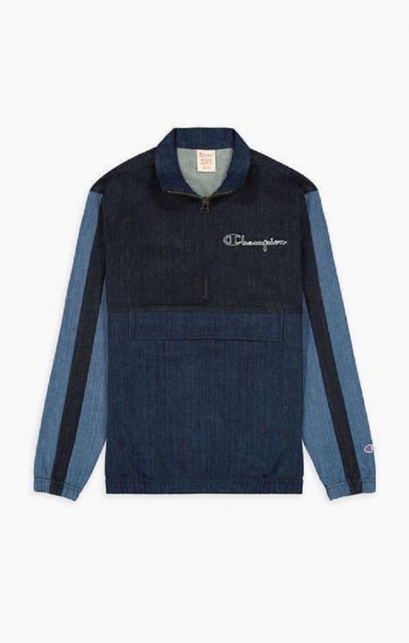 Felpe Uomo Champion Half Zip-Up Denim Patchwork Sweatshirt Verde Acqua Blu | 7641-DUXKB