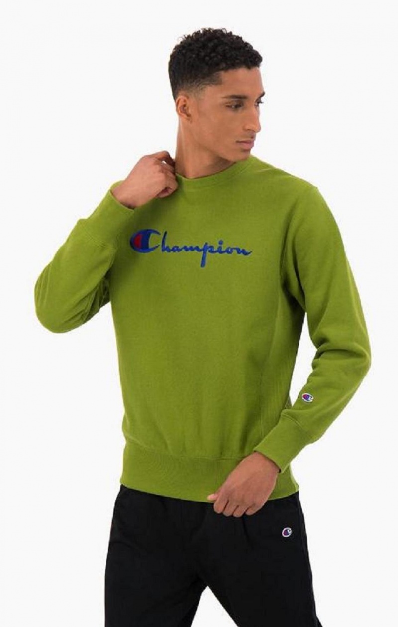 Felpe Uomo Champion Script Logo Reverse Weave Sweatshirt Verdi | 3620-KVPML