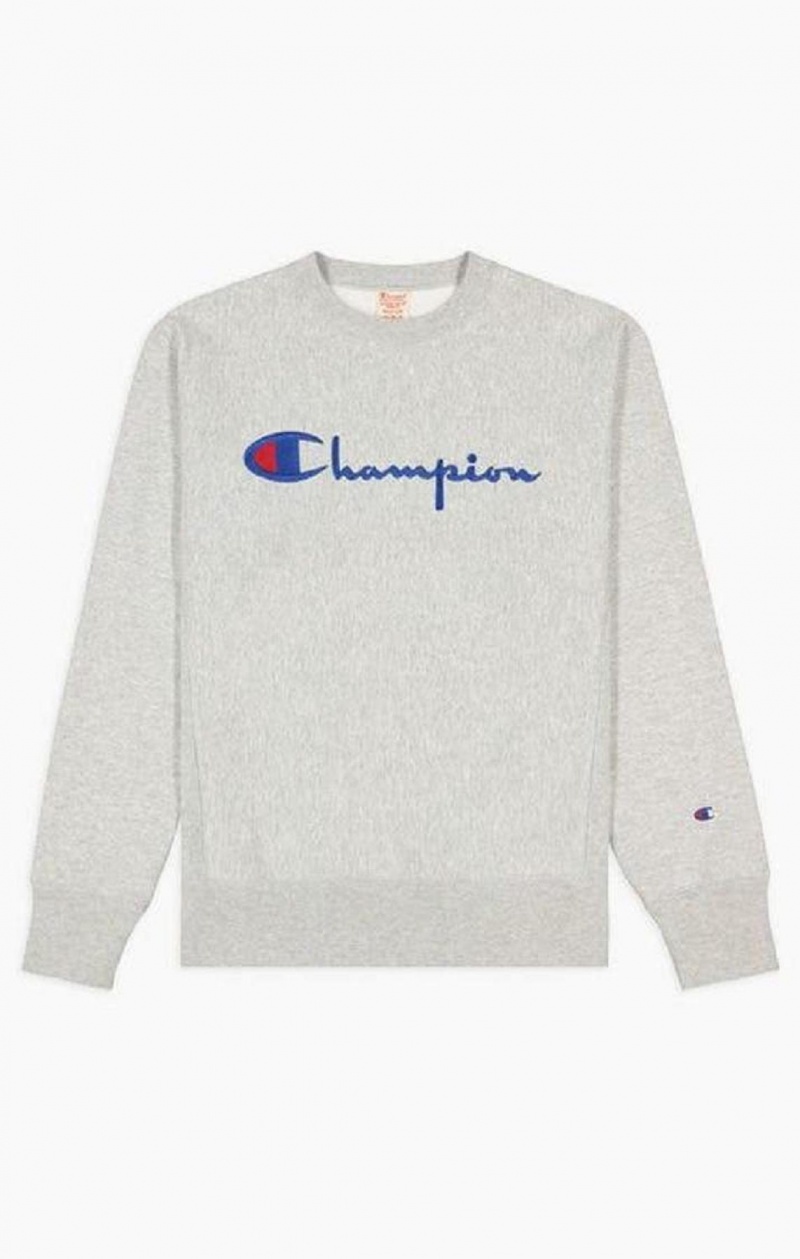 Felpe Uomo Champion Script Logo Reverse Weave Sweatshirt Grigie Chiaro | 9471-URHYF