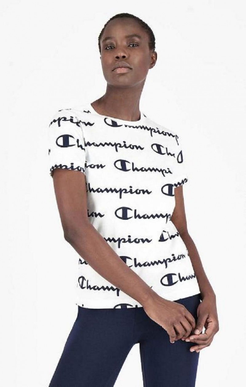 Magliette Donna Champion All-Over Script Logo T-Shirt Bianche | 3784-WECUL