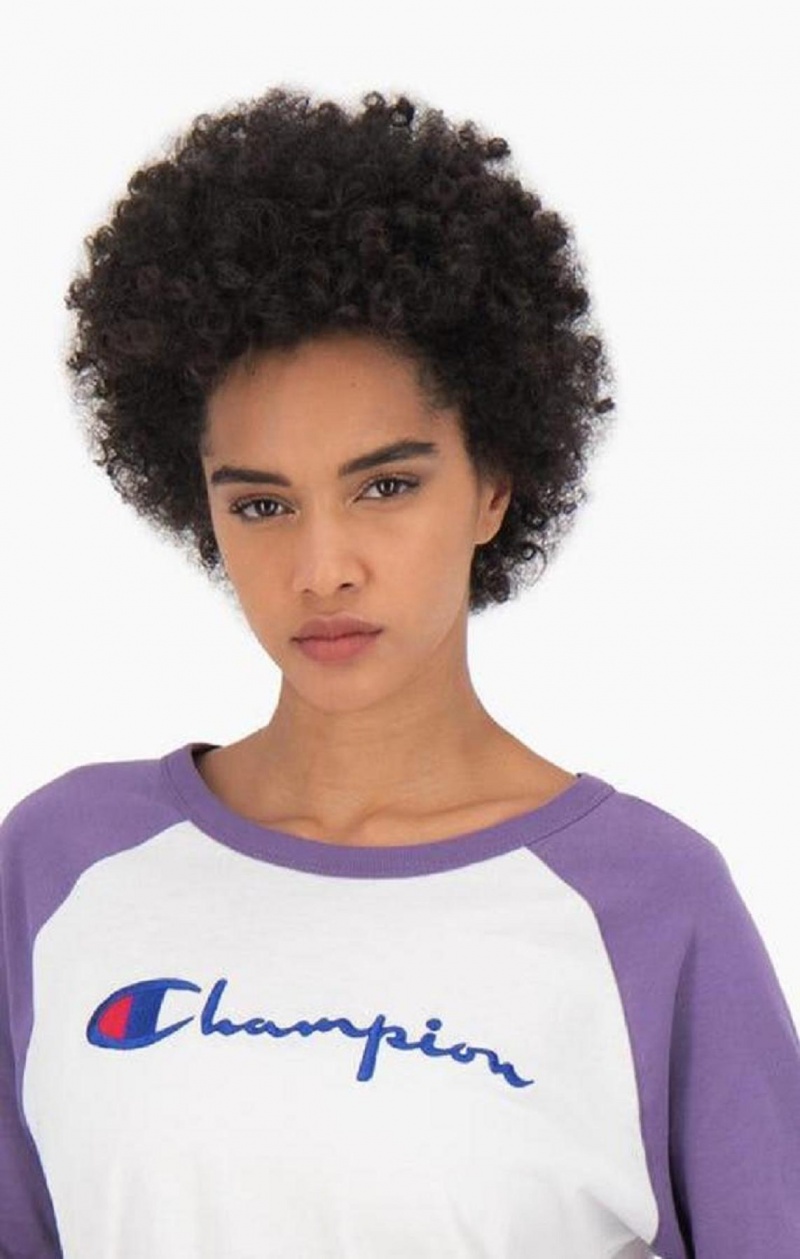 Magliette Donna Champion Raglan Sleeve Script Logo Baseball Top Bianche Viola | 1675-ANDRK