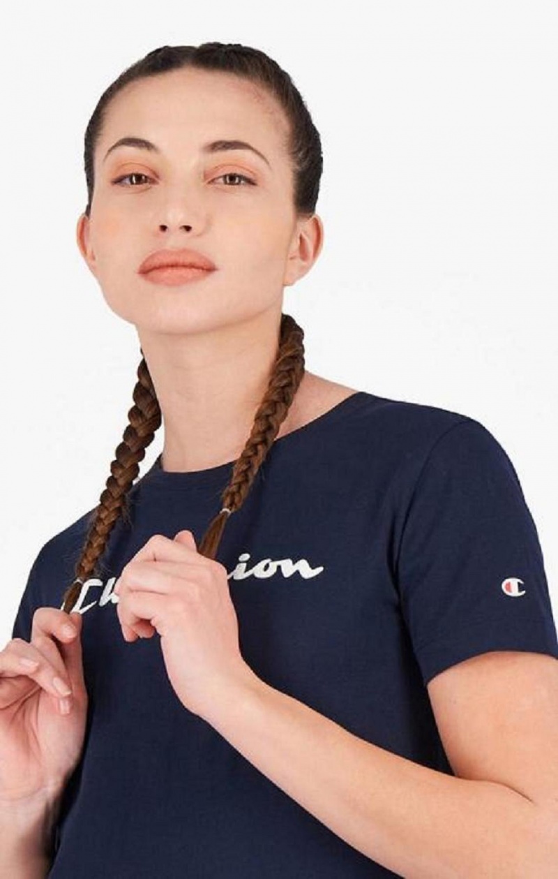 Magliette Donna Champion Rubber Script Logo T-Shirt Blu Scuro | 7504-AVFHL