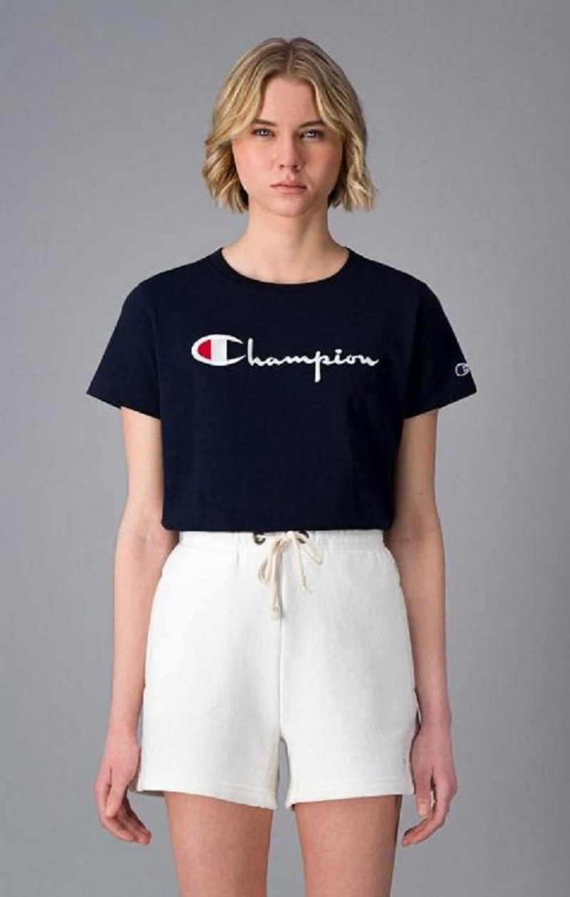 Magliette Donna Champion Script Logo Crew Neck T-Shirt Blu Scuro | 2180-ZQJTK