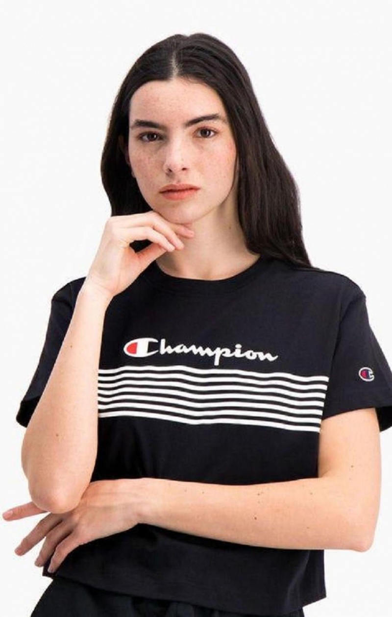 Magliette Donna Champion Script Logo Stripe Curved Hem Cropped T-Shirt Nere | 7504-QJAYK