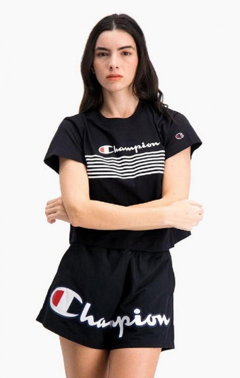 Magliette Donna Champion Script Logo Stripe Curved Hem Cropped T-Shirt Nere | 7504-QJAYK