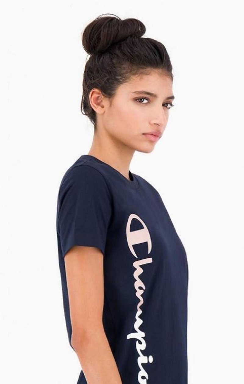 Magliette Donna Champion Vertical Logo Jersey T-Shirt Blu Scuro | 9287-VYZBO